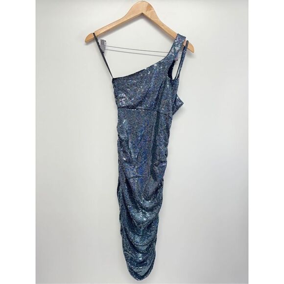 AQUA Dress Size Small Asymmetric Midi Cocktail Party Blue Sequined NWT - Picture 6 of 11